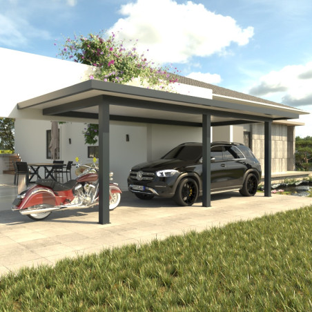 Carport Double Aluminium Toit Plat Adossé Avec Débord Sur Mesure