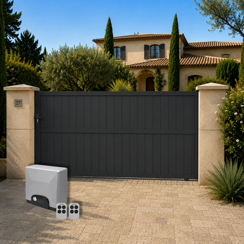 Portail Cordoue Aluminium Coulissant Standard Gris avec motorisation offerte TITAN SLIDE