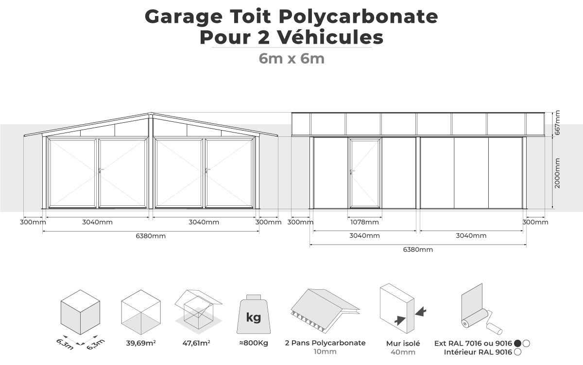 Garage toit polycarbonate 6mx6m