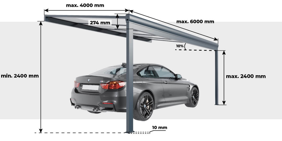 Hauteur et Largeur Carport Aluminium Adossé Classique Toiture en Polycarbonate Renforcé sur Mesure