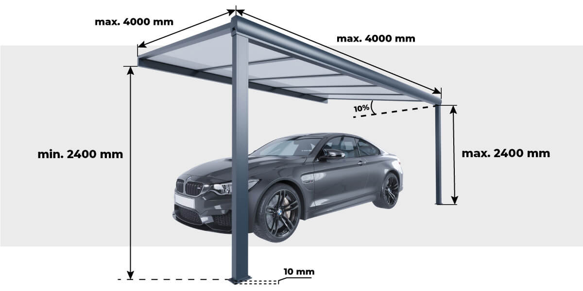 Hauteur et Largeur Carport Aluminium Adossé Classique Toiture en Polycarbonate sur Mesure 