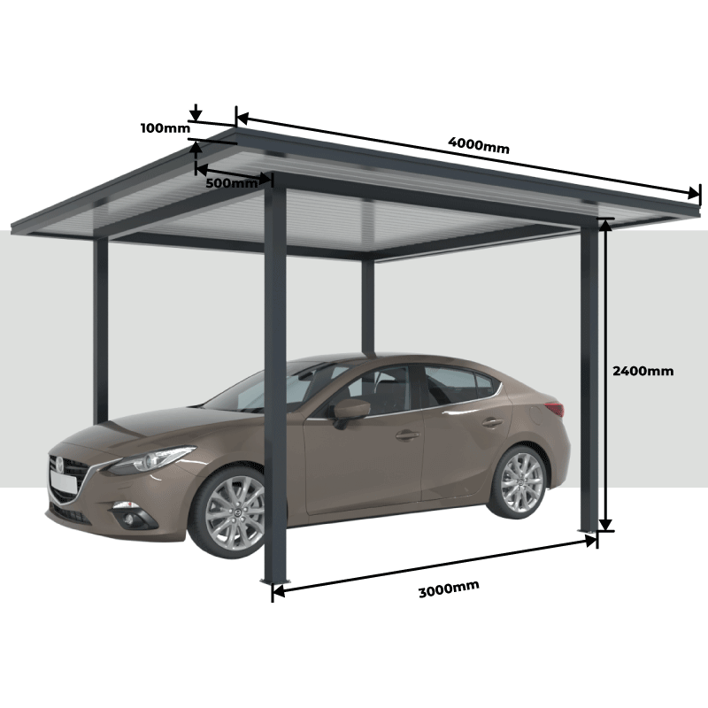 Mesures Carport Aluminium Toit Plat avec Débords 4000 x 4000 mm